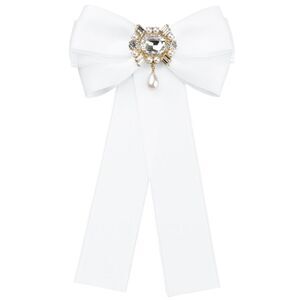 Bow Brooch Pre-Tied Bowknot with Faux Rhinestone Elegant Bow Tie White